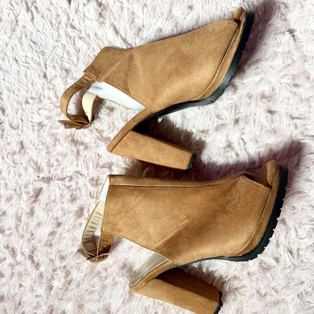 Tan Suede Slingback Rustic Preppy Country Platform Heeled Sandals Womens‎ 9 Boho